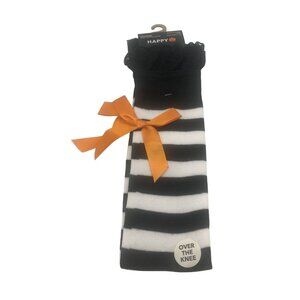 Halloween Over The Knee Socks Black White Stripe Lace Trim & Orange Bow